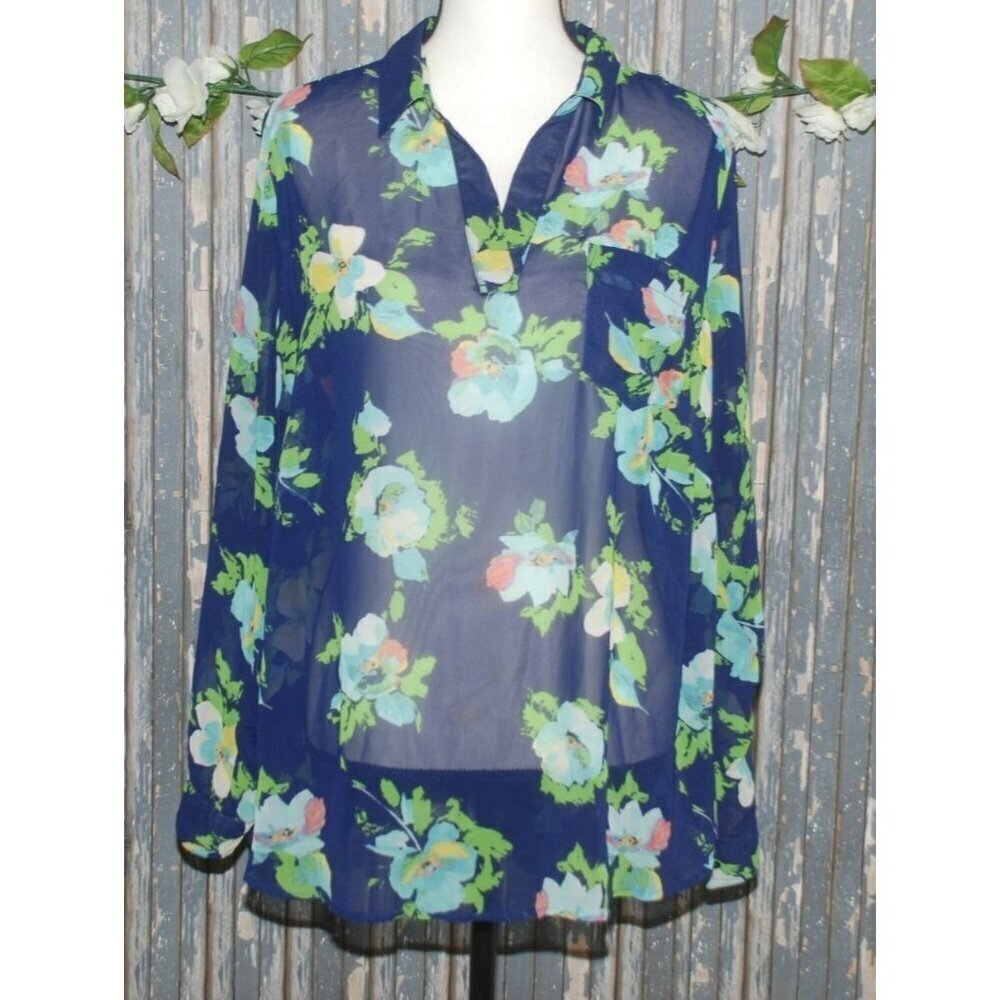 Liz Claiborne Women's Blue Floral Sheer Blouse Top Plus Size 1X V-Neck Long Slee